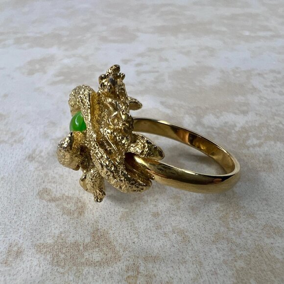 Brutalist Gold Tone Green Orb Adjustable Ring – Vintage Statement Size 6.5 - Picture 2 of 6